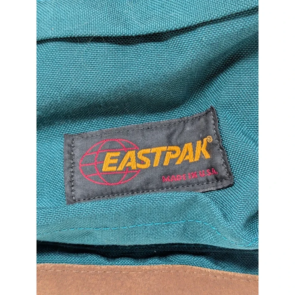 Vintage Eastpak Backpack Made in USA Teal Green Canvas Brown Suede Bottom